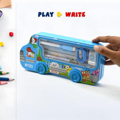 4562 Bus Shape Compass Box for Boys, Kids School Accessories | Pencil Box with Wheels for Girls and Kids, String Operated Case Students School Supplies - Stationery Set Organizer Birthday Return Gift for Kids