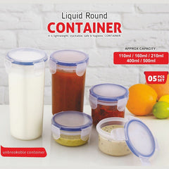 5830 Plastic Liquid Round Airtight Food Storage Container with Leak Proof Locking Lid BPA Free Container for Kitchen, 5 Pcs Set (Transparent, ( Approx Capacity 110 ml,160 ml,210 ml,400 ml,500 ml)