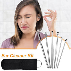 6317 6-in-1 Ear Wax Cleaner- Resuable Ear Cleaning Tools Leather Pouch - Ear Pick Wax Remover Tool Kit with Ear Curette Cleaner and Spring Ear Buds Cleaner Fit in Pocket Great for Traveling DeoDap