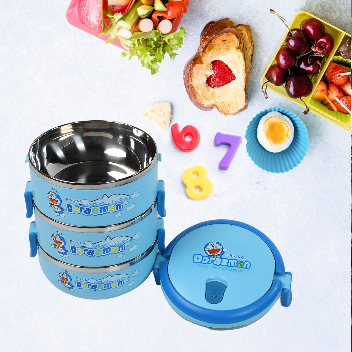 2872A 3 Layer Doraemon Lunch Box Tiffin High Quality Steel Lunch Box 3 Layer Tiffin For School ,Office & Traveling Use DeoDap