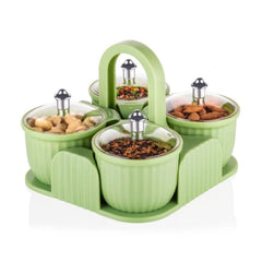 5779 Multipurpose Jar Dryfruit Set, Candy, Chocolate, Snacks Storage Jar, Masala Jar for Home and Kitchen Airtight Dry Fruit Plastic Storage Container Tray Set With Lid & 4 Serving Jar Container for Sweets,Chips,Cookies|(4 Pc Set)