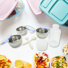 5773 6In1 Tiffin Box-Lunch Box | 3 Stainless Steel Containers | Plastic lid Box | Spoon & Fork /Plastic Bottle | Insulated Fabric Bag | Leak Proof | Microwave Safe for Office, College and School for Men, Women (6 pcs)