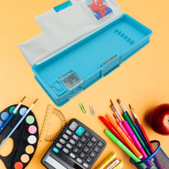 4260 Art & Stationery Cartoon Multi-functional Geometry Box for Boys with Inbuilt Calculator, 2 Sides Open and Double Sharpener Stationery Kit Pencil Box for Boys Art Plastic Pencil Box for Girls and Boys