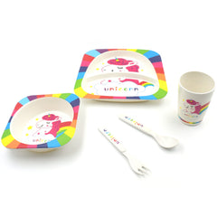 5747 Bamboo Fibre Kids 1 Bowl, 1 Spoon, 1 Fork, 1 Glass, 1 Plate Unicorn Design for Kids and Toddlers, Childre Dinnerware Set - Feeding Set for Kids, Cartoon Design Tableware Microwave & Dishwasher Safe (5 Pcs Set)