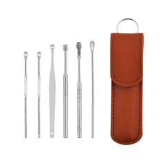 6317 6-in-1 Ear Wax Cleaner- Resuable Ear Cleaning Tools Leather Pouch - Ear Pick Wax Remover Tool Kit with Ear Curette Cleaner and Spring Ear Buds Cleaner Fit in Pocket Great for Traveling DeoDap