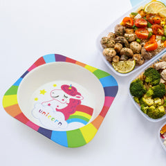 5747 Bamboo Fibre Kids 1 Bowl, 1 Spoon, 1 Fork, 1 Glass, 1 Plate Unicorn Design for Kids and Toddlers, Childre Dinnerware Set - Feeding Set for Kids, Cartoon Design Tableware Microwave & Dishwasher Safe (5 Pcs Set)