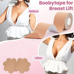 6596 Boob Tape with 10 Pairs Nipple Cover Cotton Wide Thin Breast Tape - Women's & Girl's Breast Lift Booby Tape - Push Up & Lifting Tape - Suitable for All Breast Types - Breast Lift Bra Tape - Bob Tape for Natural Breast Lift (1 Pc 5 Meters)
