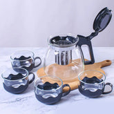 5886 Flame Proof Glass Kettle & Cup Set With Stainer High Quality Kettle Set For Home & Cafe Use (4 Cup & 1 Kettle)