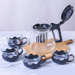 5886 Flame Proof Glass Kettle & Cup Set With Stainer High Quality Kettle Set For Home & Cafe Use (4 Cup & 1 Kettle)