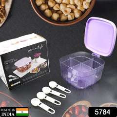 5784 Multipurpose Dry fruit Set, Chocolate, Snacks Storage Box, Masala Box for Home and Kitchen Airtight Dry Fruit Plastic Storage Container Tray Set With Lid & 4 Compartment, 4 Spoon Container for Sweets,Chips,Cookies | (1 Pc )