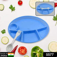 5577 Plastic Food Plates / Biodegradable 5 Compartment Plate With Spoon for Food Snacks / Nuts / Desserts Plates for Kids, Reusable Plates for Outdoor, Camping, BPA-free (1 Pc)