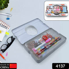 4137 Big Cartoon Printed Metal Compass Box, Pencil Case With Sharpner, Eraser, Pencil, Marker & Scale for Kids Stationery Compass Box, Stationery Gift for School Kids Compass, Pencil Box, Birthday Return Gift for Kids (6 Pc Set)