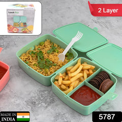 5787 Double-Layer Square Lunch Box with Spoon , 4 Compartment Tiffin & Push Lock , Plastic Tiffin Box for Travelling, School Kids & Office Exclusive, Home