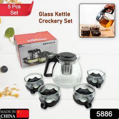 5886 Flame Proof Glass Kettle & Cup Set With Stainer High Quality Kettle Set For Home & Cafe Use (4 Cup & 1 Kettle)