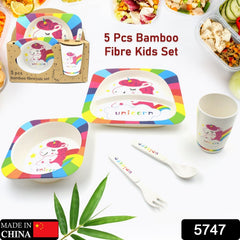 5747 Bamboo Fibre Kids 1 Bowl, 1 Spoon, 1 Fork, 1 Glass, 1 Plate Unicorn Design for Kids and Toddlers, Childre Dinnerware Set - Feeding Set for Kids, Cartoon Design Tableware Microwave & Dishwasher Safe (5 Pcs Set)