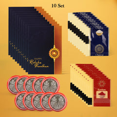 Raksha Bandhan Gift Set – Roli Chawal with Greeting Card & Silver-Coated Coin ,Rakhi Gift Combo(10 Set)