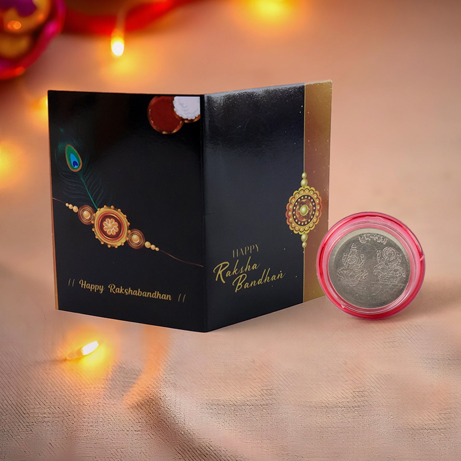 Raksha Bandhan Gift Set – Roli Chawal with Greeting Card & Silver-Coated Coin ,Rakhi Gift Combo(10 Set)