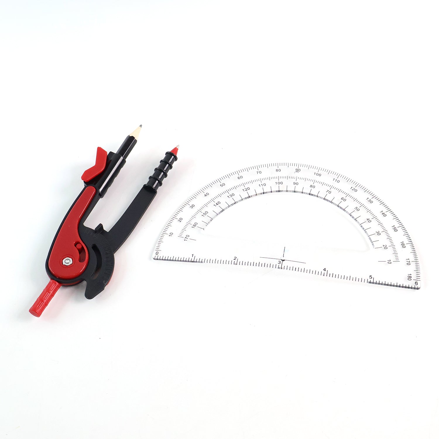 2 Pc Geometry Set – Built-in Pencil Grip + Transparent Plastic Protractor – School Geometry Tools Kit