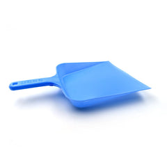Durable plastic dustpan with ergonomic handle.