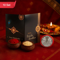 Raksha Bandhan Gift Set – Roli Chawal with Greeting Card & Silver-Coated Coin ,Rakhi Gift Combo(10 Set)