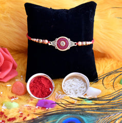 Red Circle Shape With Beads With Effete Butterscotch Chocolate 96Gm ,Silver Color Pooja Coin, Roli Chawal & Greeting Card