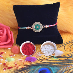Green Circle Shape With Beads With Effete Butterscotch Chocolate 96Gm ,Silver Color Pooja Coin, Roli Chawal & Greeting Card