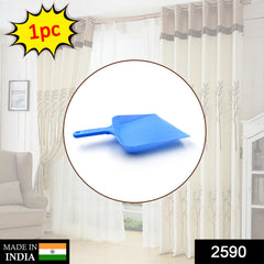Plastic dustpan with handle.
