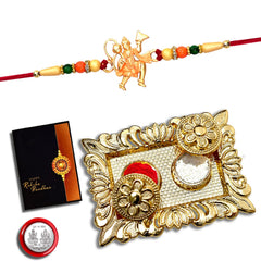 Hanumanji With Beads With Square Pooja Thali Set ,Silver Color Pooja Coin, Roli Chawal & Greeting Card