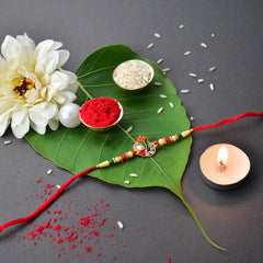 Om Design With Colorful Beads With Effete Choco Magic Chocolate 32Gm With Pooja Thali ,Silver Color Pooja Coin, Roli Chawal & Greeting Card