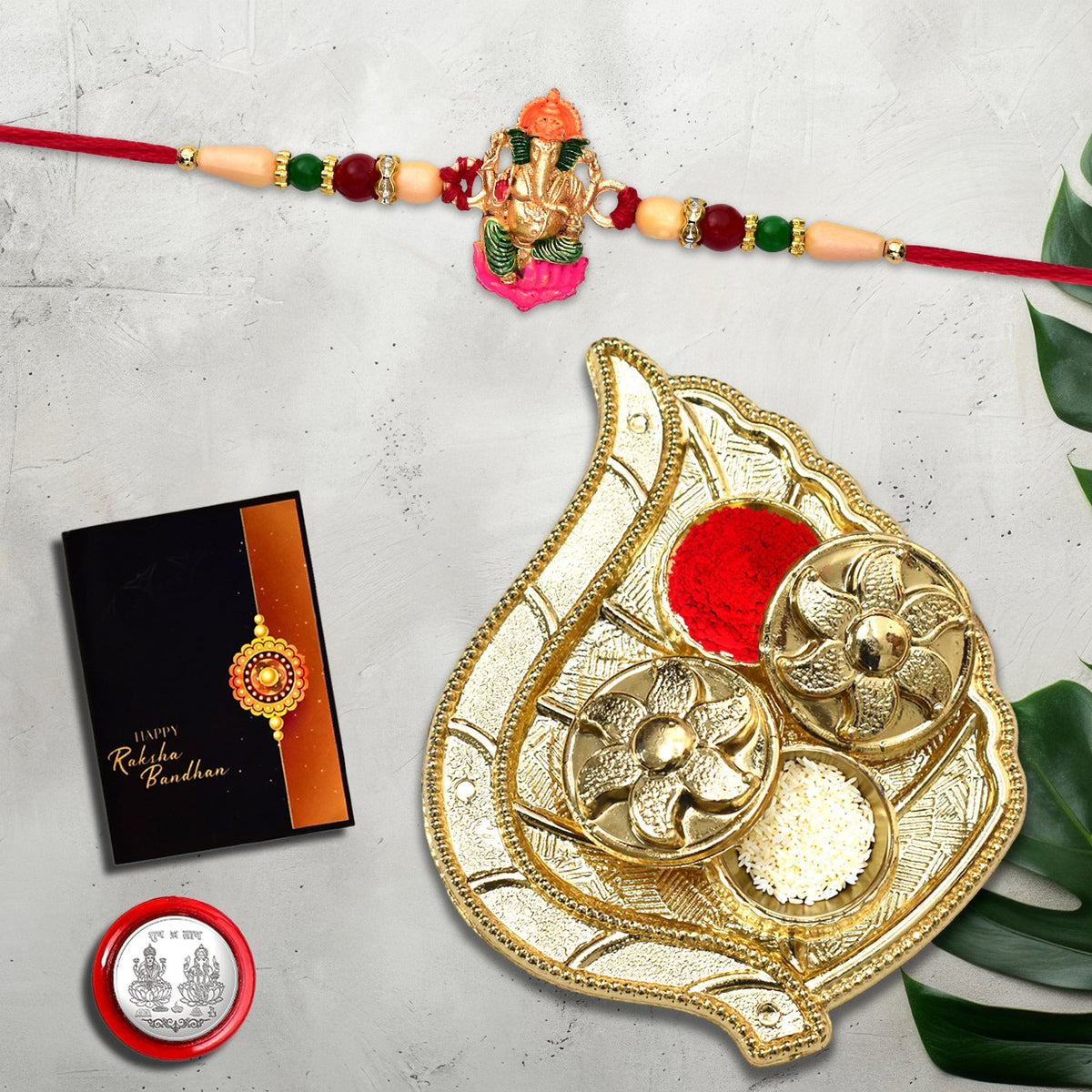 Lord Ganesha With Colorful Design With Leaf Pooja Thali Set ,Silver Color Pooja Coin, Roli Chawal & Greeting Card