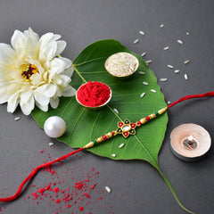 Swastik Rakhi And Om Rakhi With Square Pooja Thali Set ,Silver Color Pooja Coin, Roli Chawal & Greeting Card
