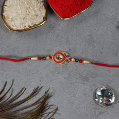 Golden Color Rakhi With Beads And Diamond With Effete Magic Chocolate 32Gm With Pooja Thali ,Silver Color Pooja Coin, Roli Chawal & Greeting Card