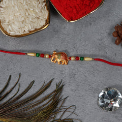 Elephant With Mina Work Rakhi With Effete Choco Beats Chocolate 32Gm With Pooja Thali ,Silver Color Pooja Coin, Roli Chawal & Greeting Card