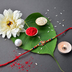 Morpichh Color Rakhi With Mina Work With Ganesha Pooja Thali Set ,Silver Color Pooja Coin, Roli Chawal & Greeting Card