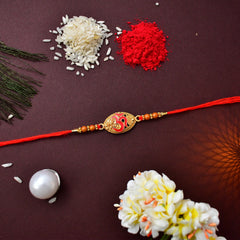 Om Rakhi With Oval Shape With Square Pooja Thali Set ,Silver Color Pooja Coin, Roli Chawal & Greeting Card