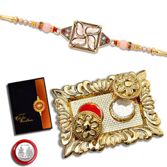 Swastik Rakhi With Diamonds With Square Pooja Thali Set ,Silver Color Pooja Coin, Roli Chawal & Greeting Card