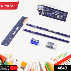 4643  Mix Design Cartoon Wooden Pencil Set, Stationary Set 5 in 1 Items Educational Item for School Going Kids, Stationary Set for Girls Boys/Stationary for School/Gift Pack for Girls Kids/Birthday Gift Kids (5 Pc Set )