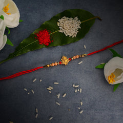 Ganesha Rakhi With Beads Work With Coffee Camera Lense Mug ,Silver Color Pooja Coin, Roli Chawal & Greeting Card