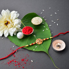 Kumbh Design Rakhi With Diamond With Square Pooja Thali Set ,Silver Color Pooja Coin, Roli Chawal & Greeting Card