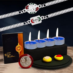 Rakhi for Brother Set of 2 with Candles, Silver Coin & Greeting Card, Rakhi for Brother and Bhabhi, Rakhi with Gift for Brother, Rakhi for Kids, Rakhi Set, Rakhi Combo (K2_A21+A32_12958)