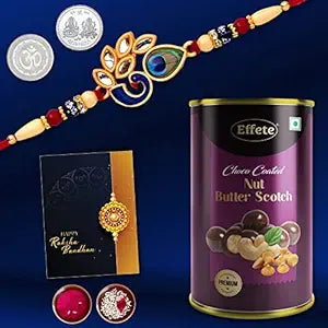 Peacock Rakhi Combo with Effete Assorted Choco Nuts Butterscotch 96gm, Silver Color Pooja Coin, Roli Chawal & Greeting Card