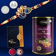 Peacock Rakhi Combo with Effete Assorted Choco Nuts Butterscotch 96gm, Silver Color Pooja Coin, Roli Chawal & Greeting Card