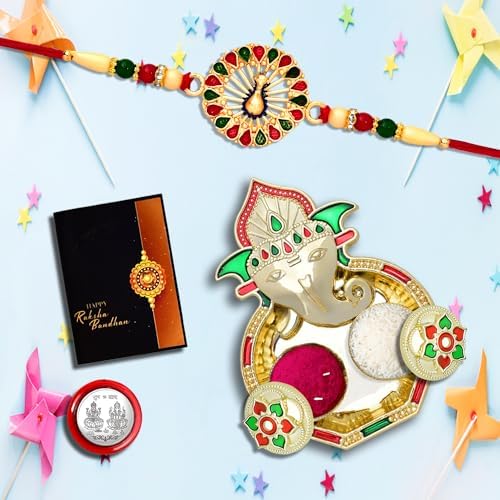 Rakhi for Brother Set of 1 with Dish, Silver Coin & Greeting Card, Rakhi for Brother and Bhabhi, Rakhi with Gift for Brother, Rakhi for Kids, Rakhi Set, Rakhi Combo (K1_543_AA3)