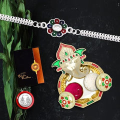 Rakhi for Brother Set of 1 with Dish, Silver Coin & Greeting Card, Rakhi for Brother and Bhabhi, Rakhi with Gift for Brother, Rakhi for Kids, Rakhi Set, Rakhi Combo (K1_A28_AA3)
