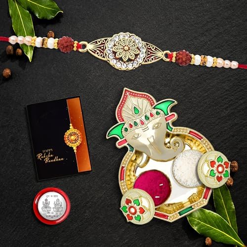 Rakhi for Brother Set of 1 with Dish, Silver Coin & Greeting Card, Rakhi for Brother and Bhabhi, Rakhi with Gift for Brother, Rakhi for Kids, Rakhi Set, Rakhi Combo (K1_425_AA3)