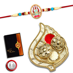 Shivling With Trishul Rakhi With Leaf Pooja Thali Set ,Silver Color Pooja Coin, Roli Chawal & Greeting Card