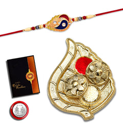 Red And Green Mina Rakhi With Diamond With Leaf Pooja Thali Set ,Silver Color Pooja Coin, Roli Chawal & Greeting Card