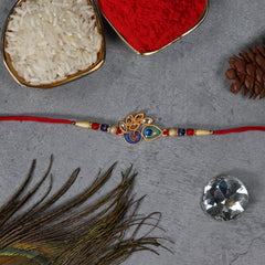 Flower Golden Rakhi And Mor With Morpichh Rakhi With Decorative Gift 4Pc Diya Set ,Silver Color Pooja Coin, Roli Chawal & Greeting Card