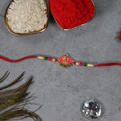 Ganesh In Kamal Flower Rakhi With Square Pooja Thali Set ,Silver Color Pooja Coin, Roli Chawal & Greeting Card