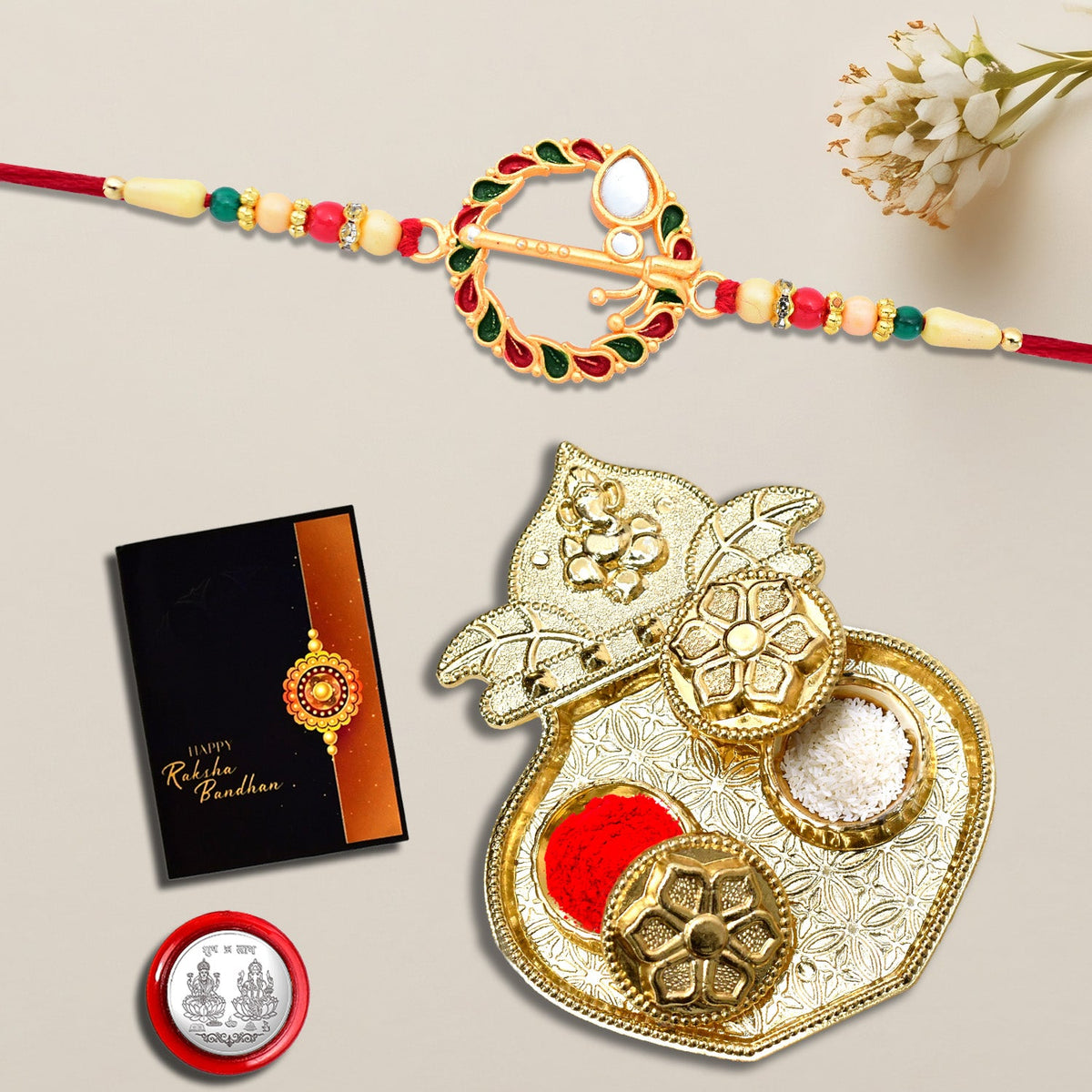 Morli Rakhi With Round And Beads Rakhi With Kalash Pooja Thali Set ,Silver Color Pooja Coin, Roli Chawal & Greeting Card